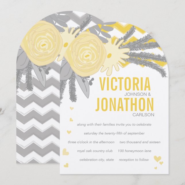 Yellow Rose and Ferns Grey Zig Zag Wedding Invitation (Front/Back)