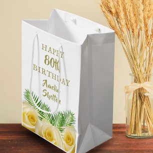 Yellow Rose and Leaves Floral Happy Birthday  Medium Gift Bag