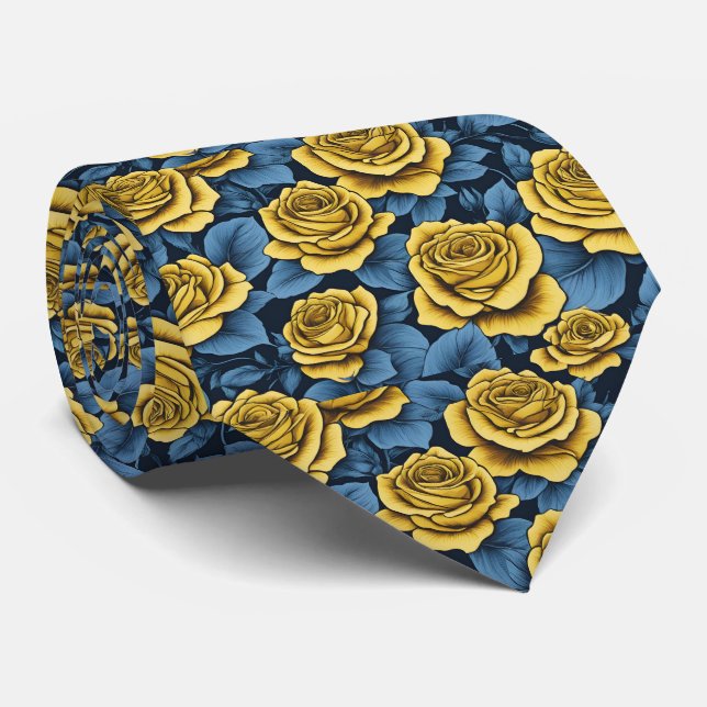 Yellow Rose and Navy Blue Pattern Tie (Rolled)