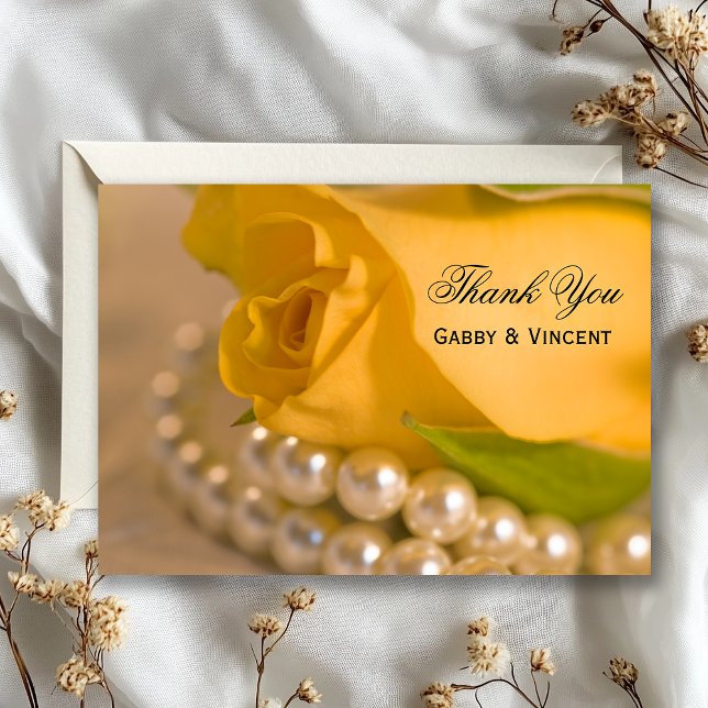 Yellow Rose and Pearls Wedding Flat Thank You Note (Creator Uploaded)