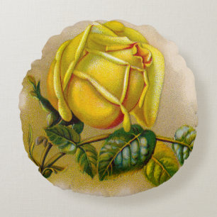 Yellow Rose Antique Vintage Print Fine Art Round Cushion