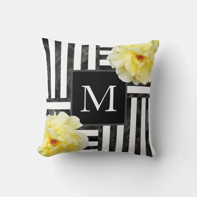 Yellow Rose Black and White Stripes Cushion (Front)