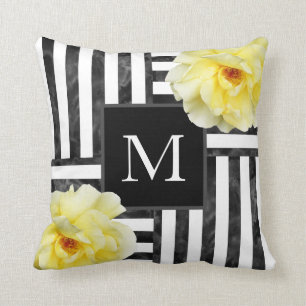 Yellow Rose Black and White Stripes Cushion