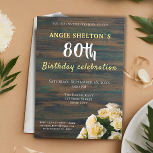 Yellow Rose Bouquet 80th Birthday Floral Party Invitation