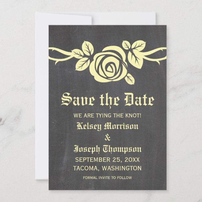 Yellow Rose Chalkboard Save the Date Invite (Front)