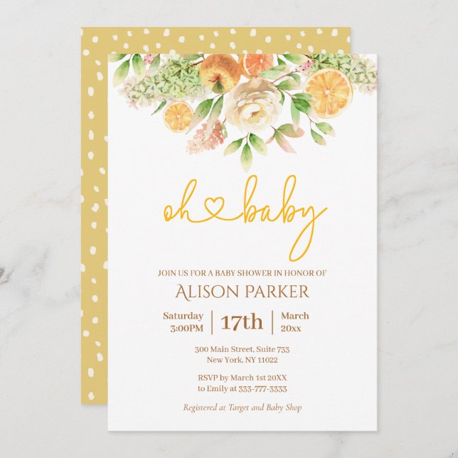 Yellow Rose Citrus Floral Elegant Girl Baby Shower Invitation (Front/Back)