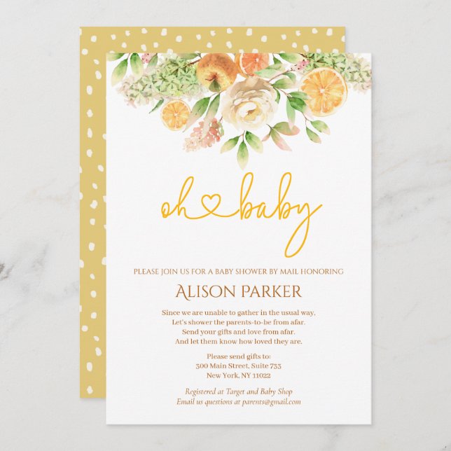 Yellow Rose Citrus Floral Girl Baby Shower by Mail Invitation (Front/Back)