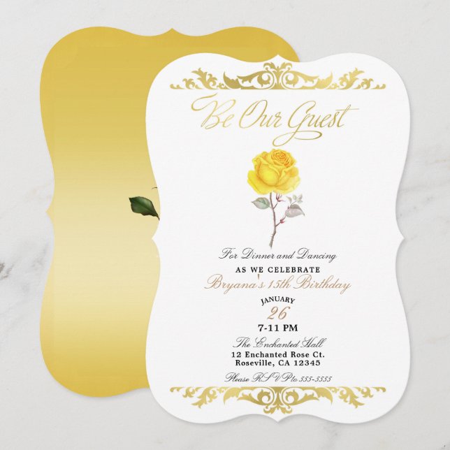 Yellow Rose & Elegant Gold Birthday Party Invitation (Front/Back)