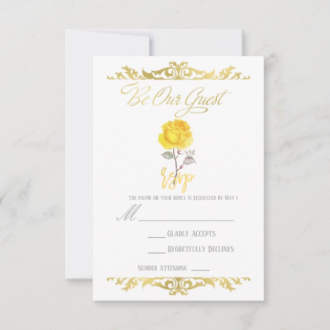 Yellow Rose & Elegant Gold Party Event RSVP Reply Card (Front)