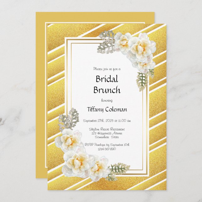 Yellow Rose Floral Gold Bridal Brunch Invitation (Front/Back)