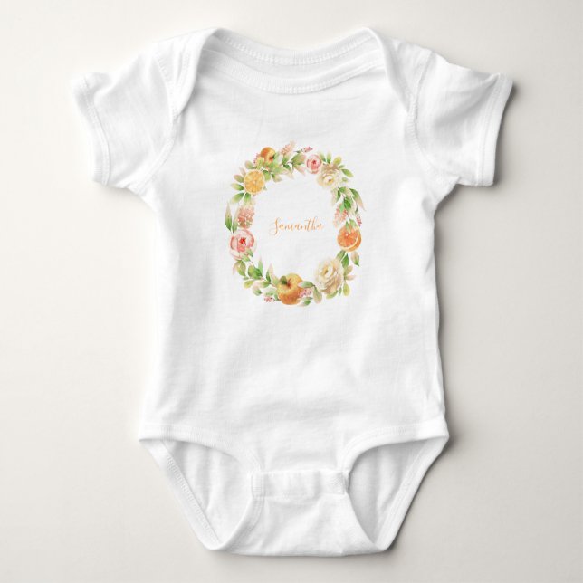 Yellow Rose Floral Greenery Girl Baby Shower Baby Bodysuit (Front)