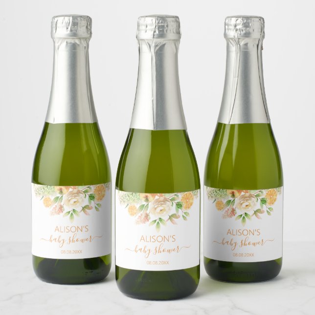 Yellow Rose Floral Greenery Girl Baby Shower Mini Sparkling Wine Label (Bottles)