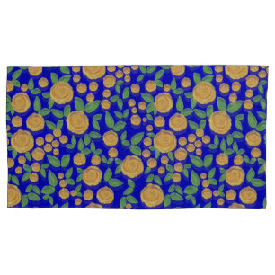 Yellow rose floral on blue pillowcase