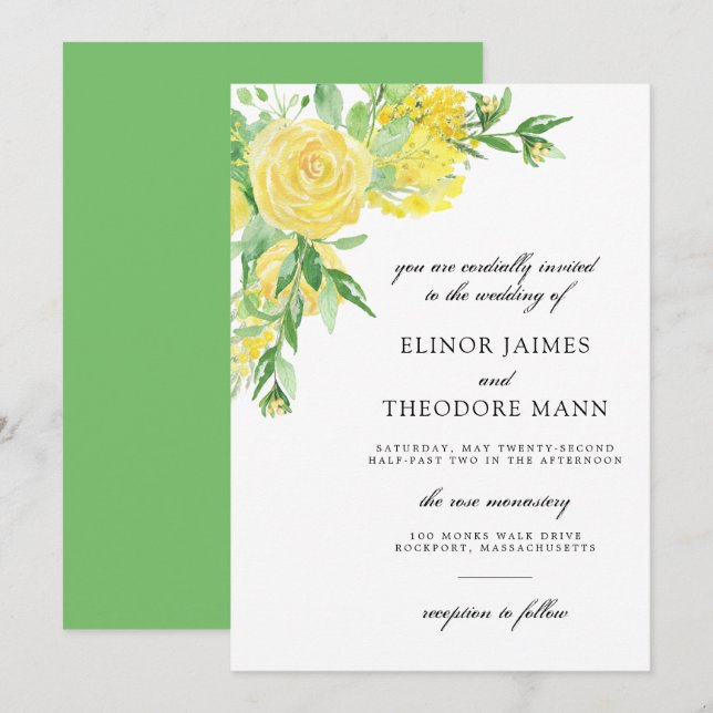 Yellow Rose Floral Watercolor Wedding Invitation (Front/Back)