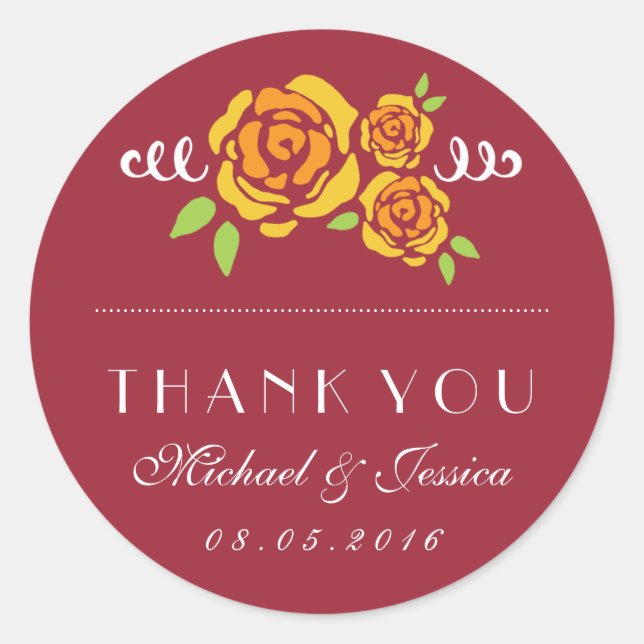 Yellow Rose Floral Wedding Thank You Sticker (Front)