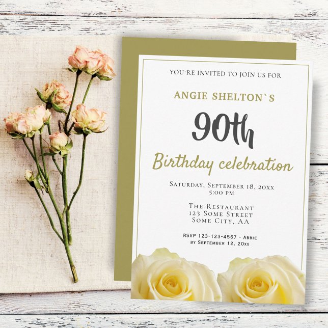 Yellow Rose Flower 90th Birthday Party Invitation (Creator Uploaded)
