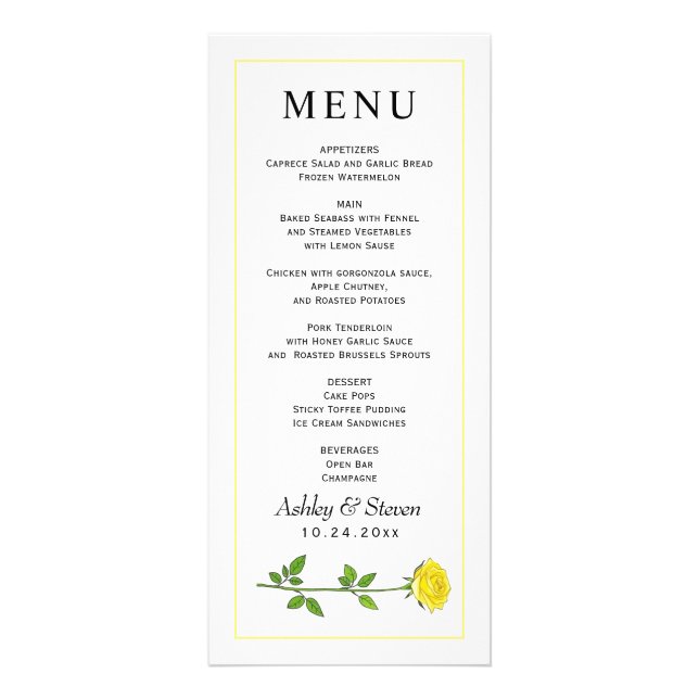 Yellow rose flower budget wedding menu card (Front)