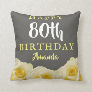 Yellow Rose Flower Floral 80th Birthday Cushion