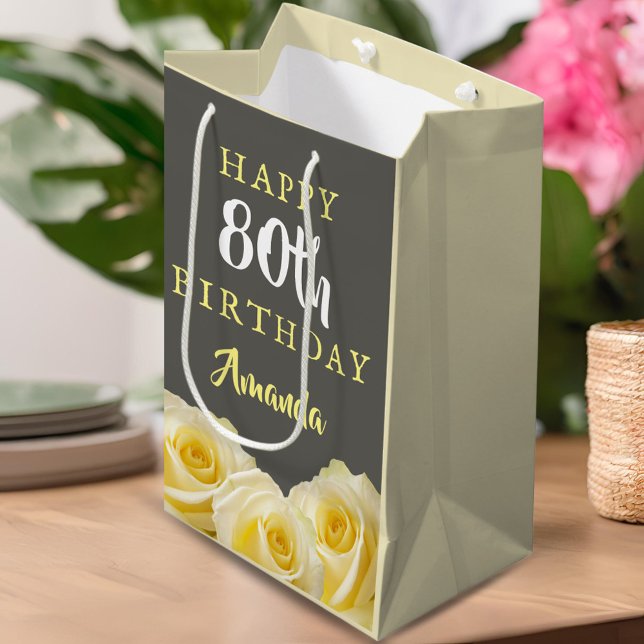 Yellow Rose Flower Floral 80th Birthday  Medium Gift Bag (Creator Uploaded)