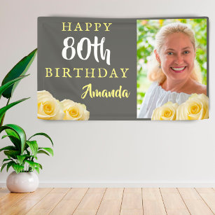 Yellow Rose Flower Floral 80th Birthday Photo Banner