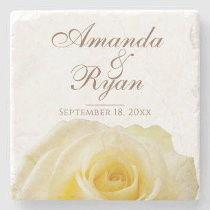 Yellow Rose Flower Floral Bride Groom Wedding Date Stone Coaster