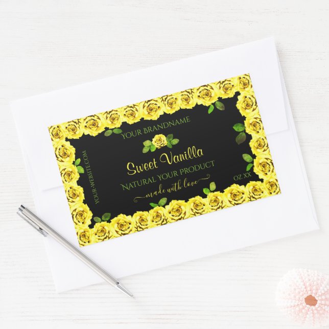 Yellow Rose Frame on Black Product Packaging Label (Envelope)