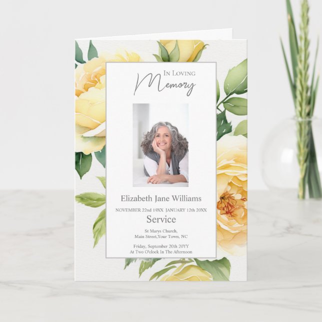 Yellow Rose Funeral Order of Service Photo  Card (Front)