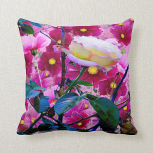 YELLOW ROSE GARDEN BEAUTY & FUCHSIA FLOWERS CUSHION