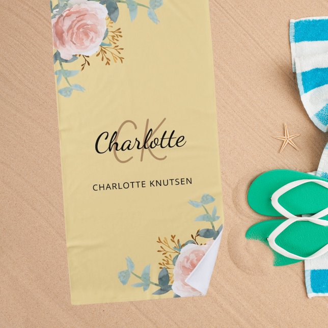 Yellow rose gold florals monogram initials beach towel (Creator Uploaded)