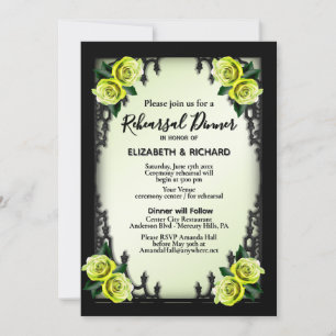 Yellow Rose Gothic Rehearsal Dinner Green Invitation