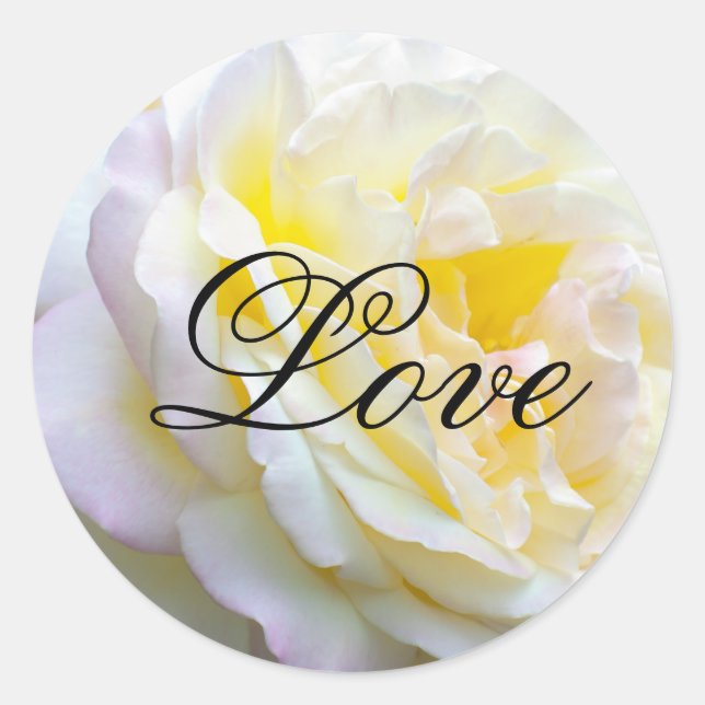 Yellow rose &  LOVE text Classic Round Sticker (Front)