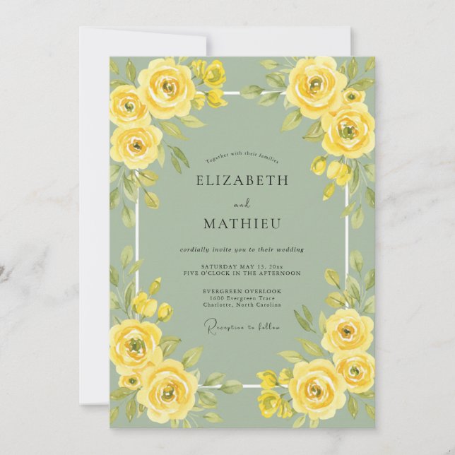 Yellow Rose Moss Wedding Invitation (Front)
