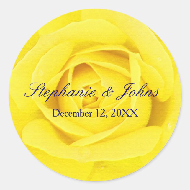 Yellow Rose Navy Blue Cute Chic Wedding Classic Round Sticker (Front)