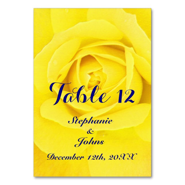 Yellow Rose Navy Blue Cute Unique Trendy Chic Table Number (Front)