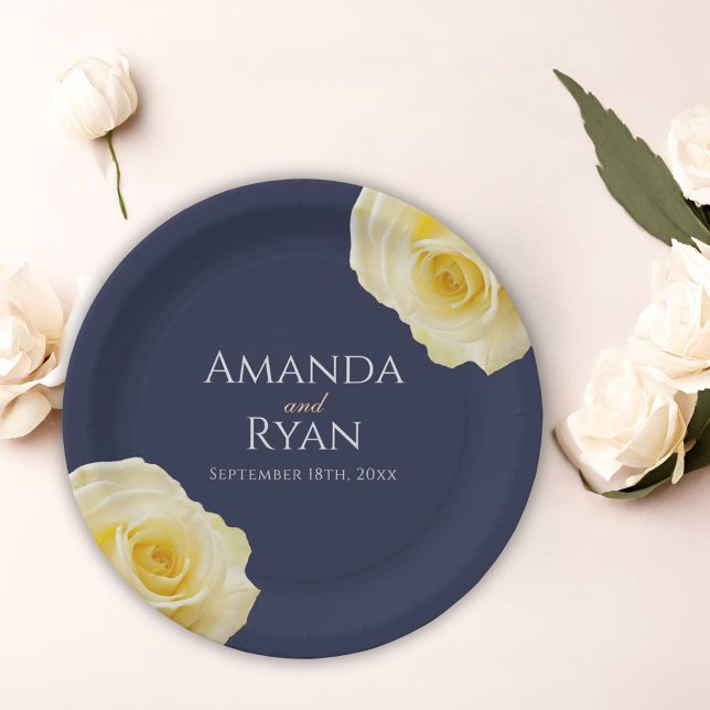 Yellow Rose Navy Blue Floral Wedding Paper Plate (Creator Uploaded)