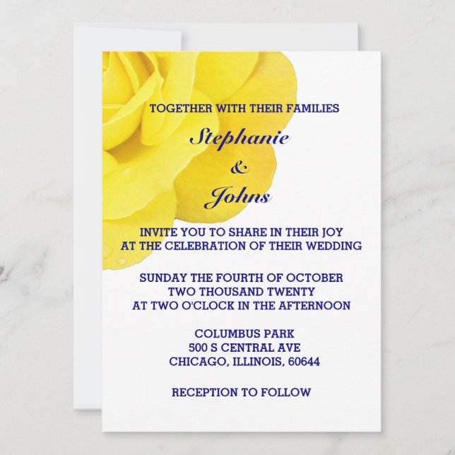 Yellow Rose Navy Blue White Cute Angled Wedding Invitation (Front)