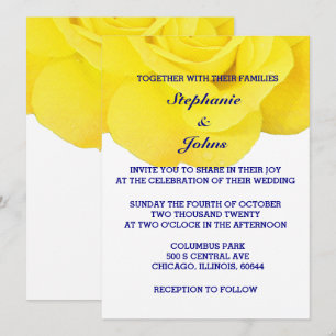 Yellow Rose Navy Blue White Cute Trendy Wedding Invitation