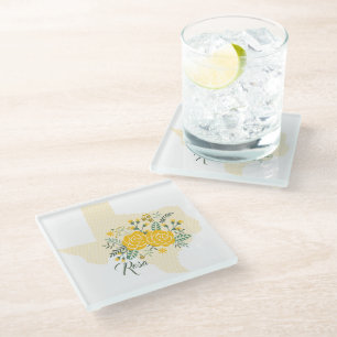 Yellow Rose of Texas - Gingham State with Roses Glass Coaster