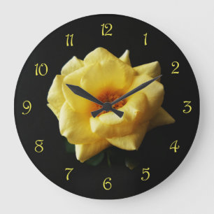 Yellow Rose On Black Yellow Script Numbers wcm Large Clock