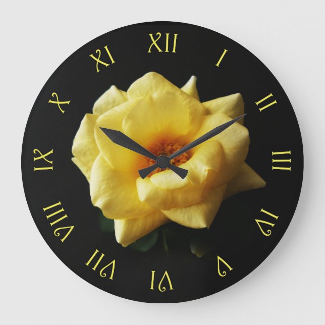 Yellow Rose On Black Yellow Script Roman Num wcm Large Clock (Front)