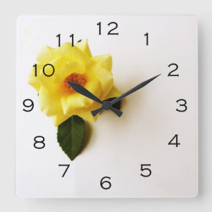 Yellow Rose On White Black Numbers wca Square Wall Clock