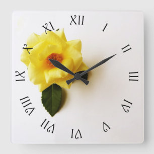 Yellow Rose On White Black Script Roman Wall Clock