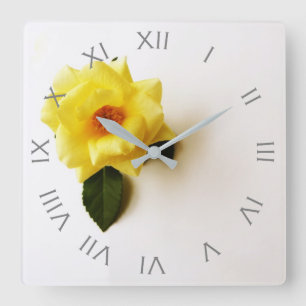 Yellow Rose On White Grey Roman Numbers Wall Clock