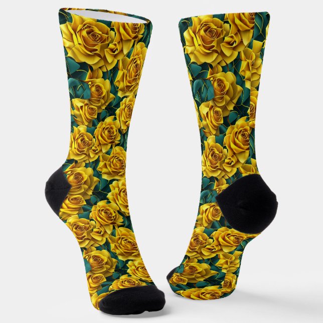 Yellow Rose Pattern Crew Socks (Angled)