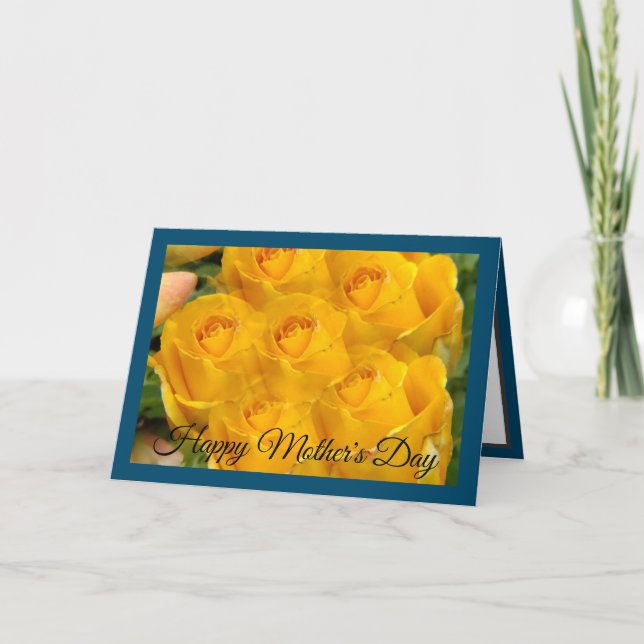 Yellow Rose Photo Pattern on Blue  Holiday Card (Front)