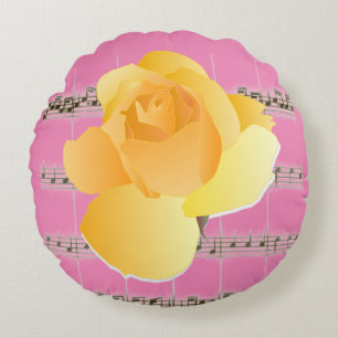 Yellow Rose Pink Vintage Sheet Music Round Pillow