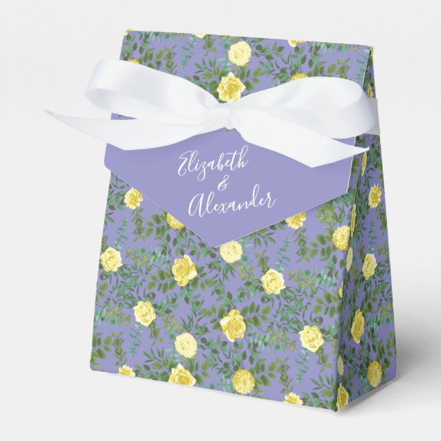 Yellow Rose & Purple Periwinkle Wedding Favour Box (Front Side)
