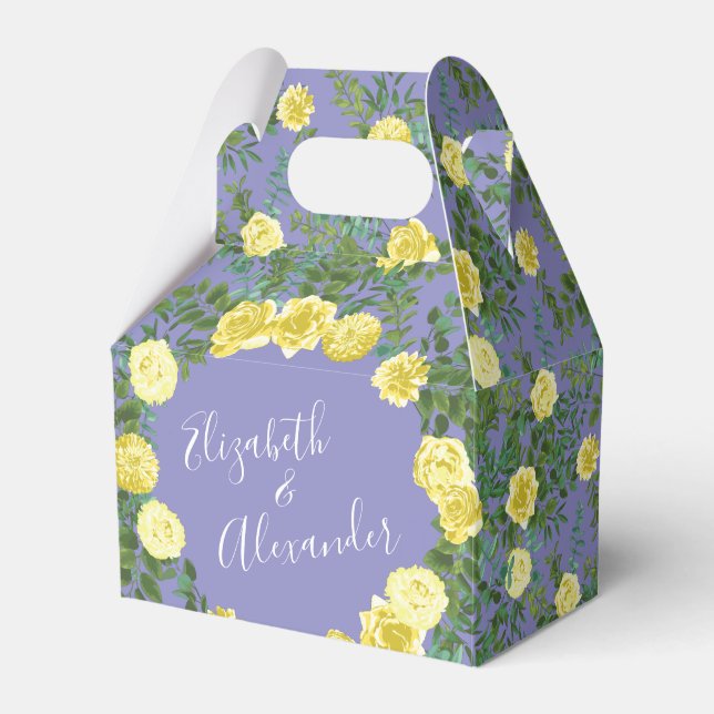 Yellow Rose & Purple Periwinkle Wedding Favour Box (Front Side)