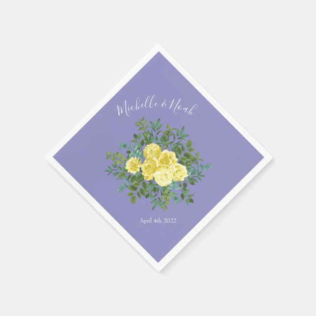 Yellow Rose & Purple Periwinkle Wedding Napkin (Corner)