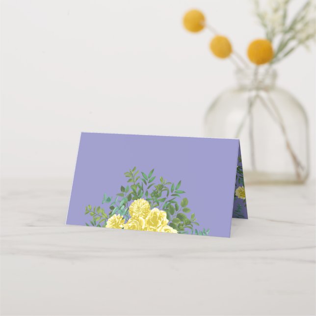 Yellow Rose & Purple Periwinkle Wedding Place Card (Front)